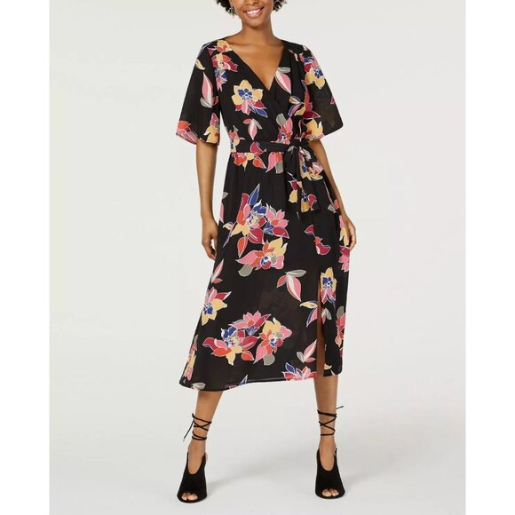 Trixxi Floral Faux Wrap Midi Dress Black Multicolor Tropical Open Back Med - Picture 1 of 14